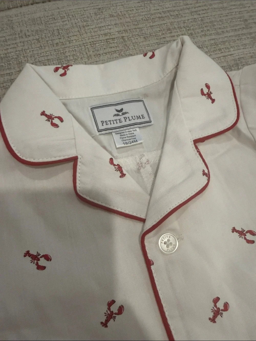 Petit Plume White Lobster Embroidered Short Pajama Romper size 18/24